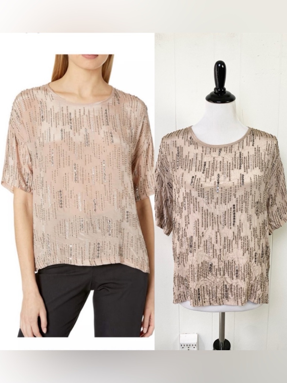 Velvet by Graham & Spencer Sequin Beaded Blouse Beige Silver Short Sleeve Size M